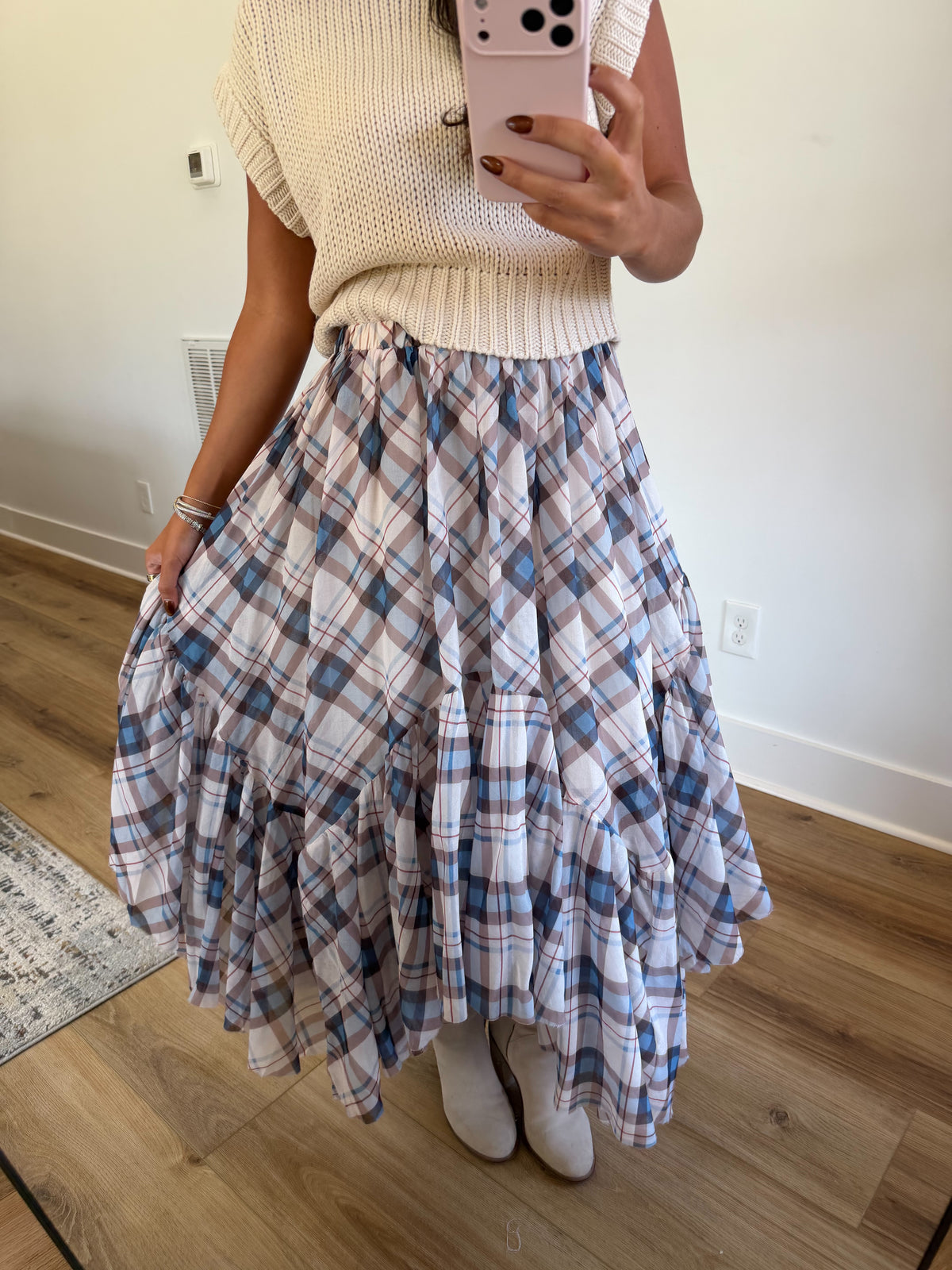 Blue & Brown Plaid Ruffle Maxi Skirt