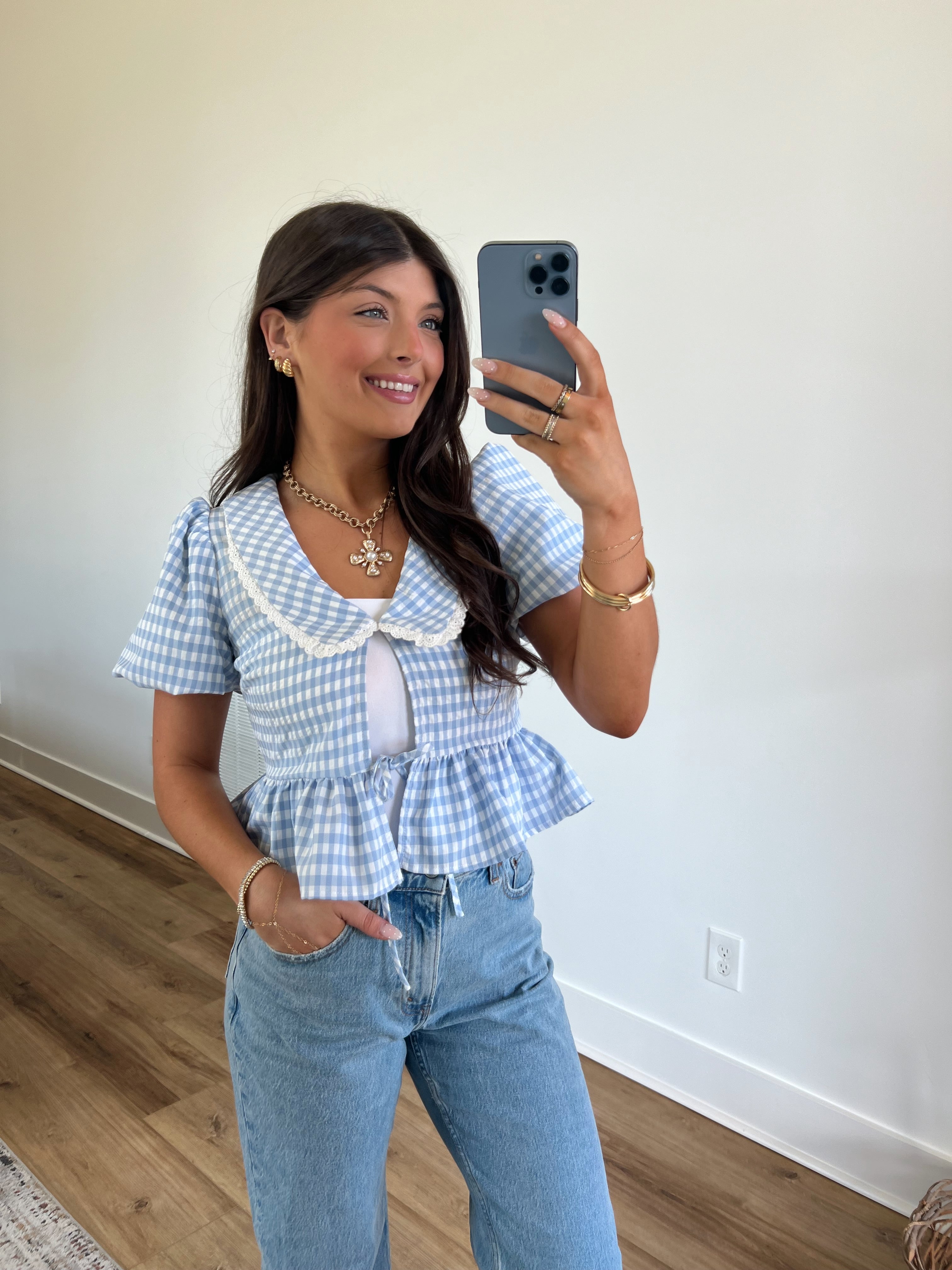 Baby Blue Plaid Peplum Top