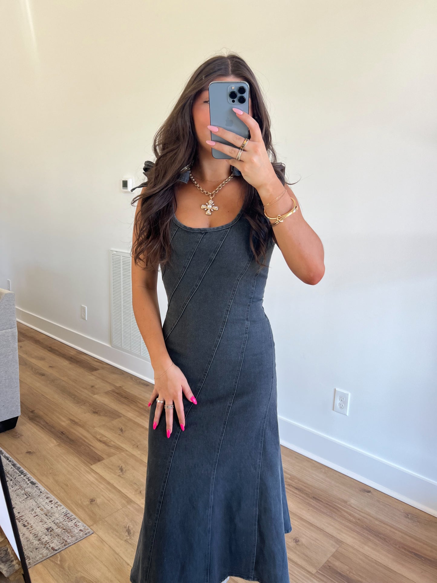 Black Denim Tie Maxi Dress