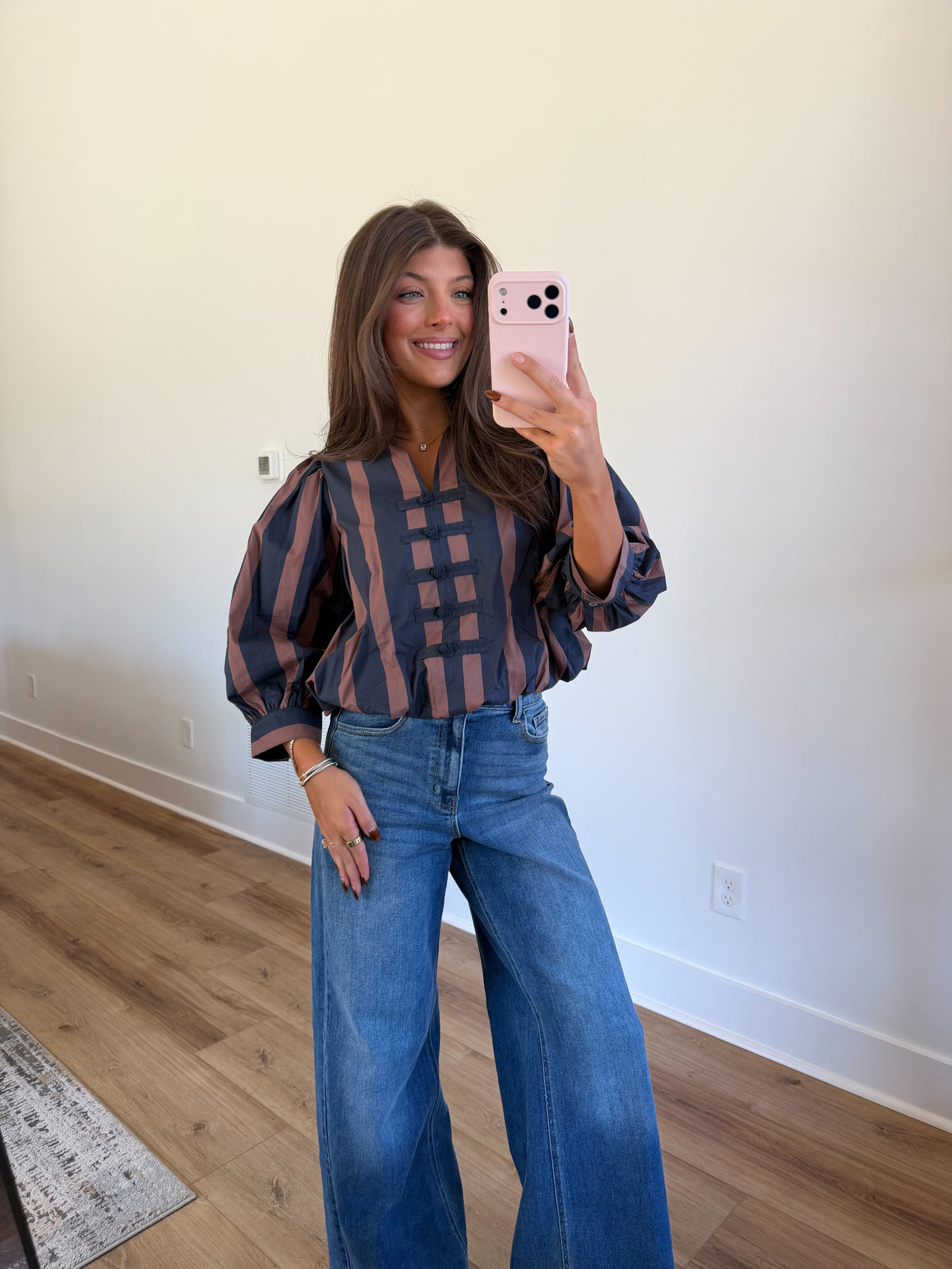 Navy & Brown Stripe Puff Sleeve Blouse