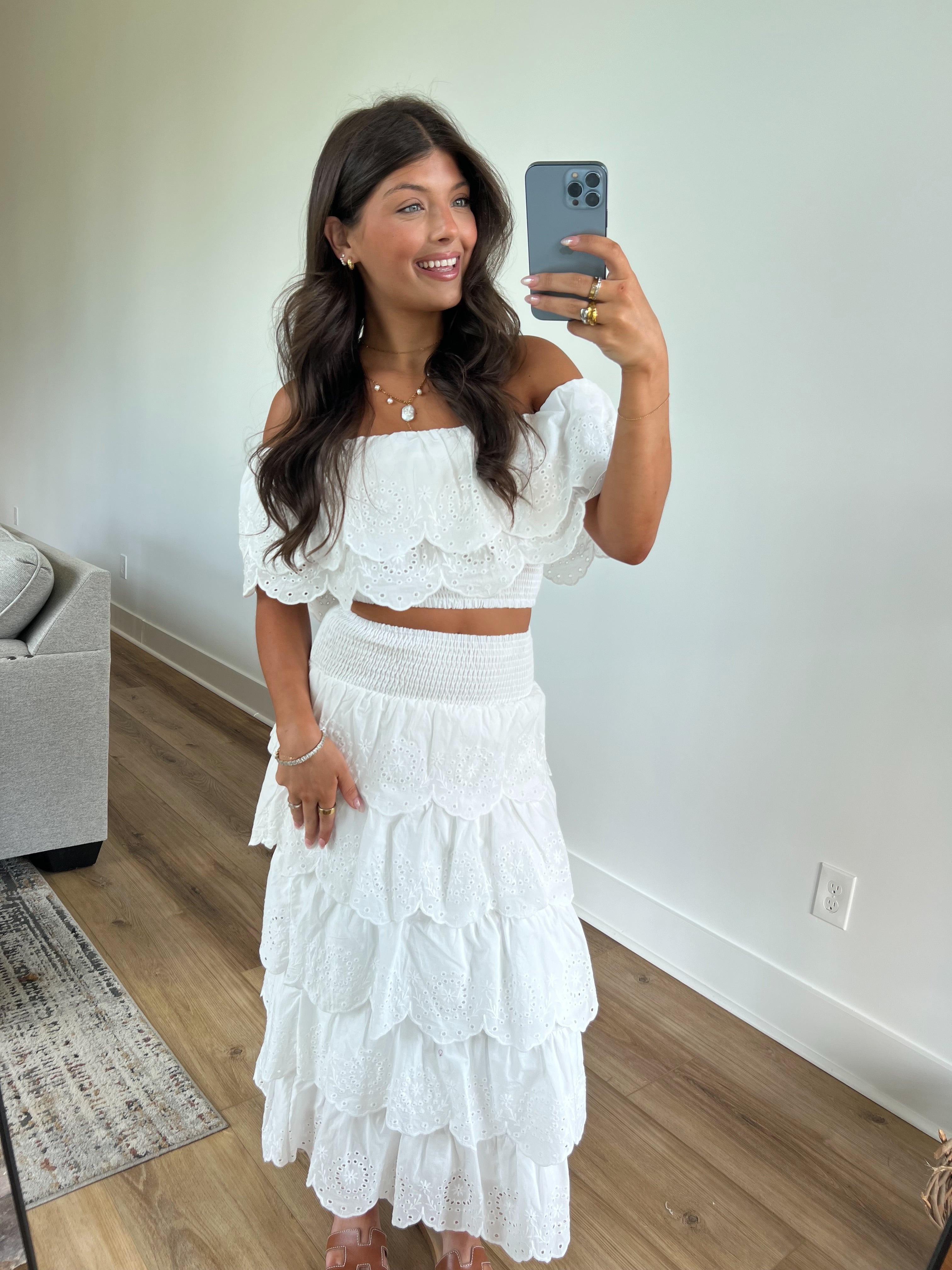 Eyelet Ruffle Midi Skirt Set