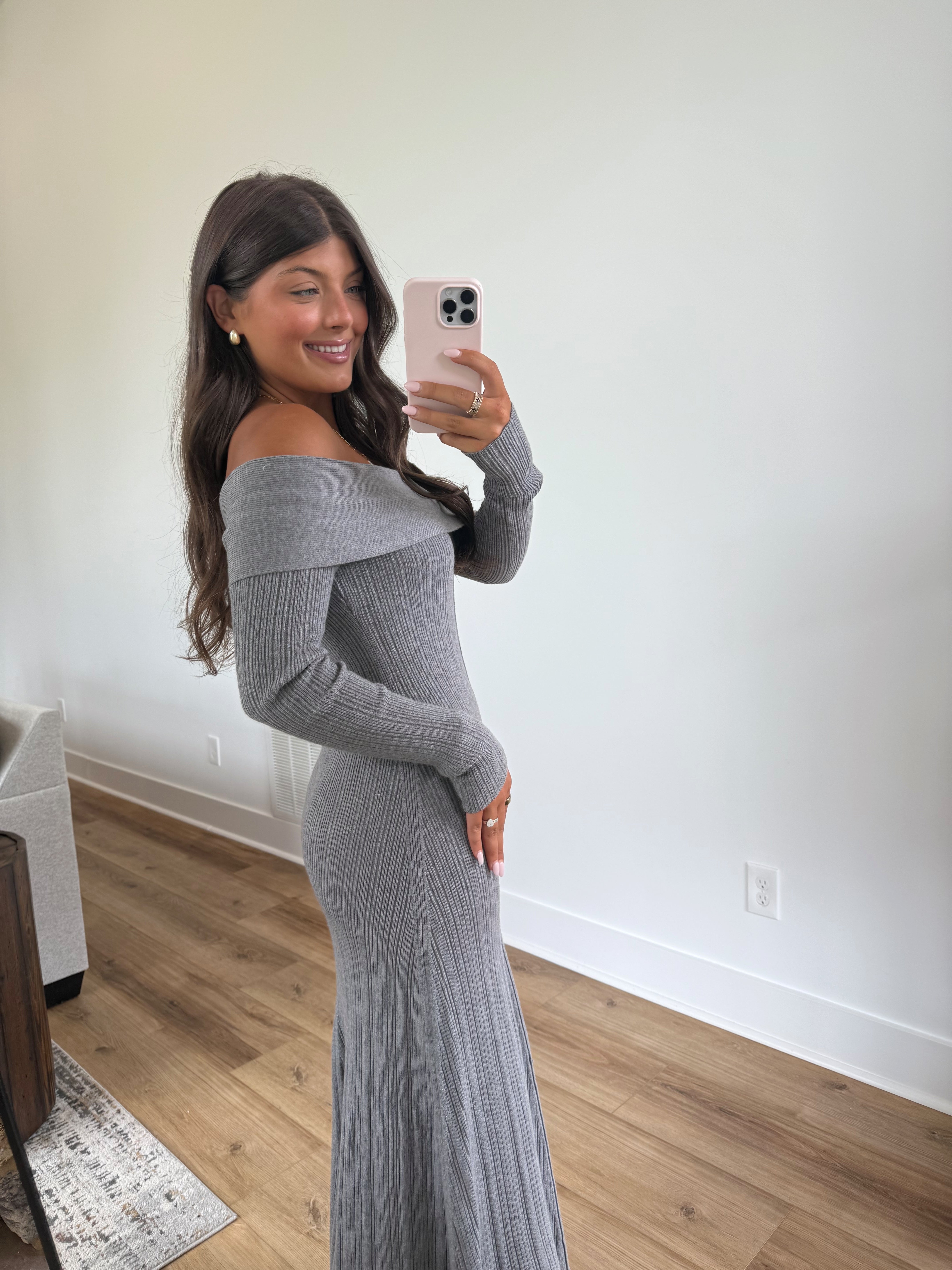 Grey Off-The-Shoulder Ribbed Maxi Dress
