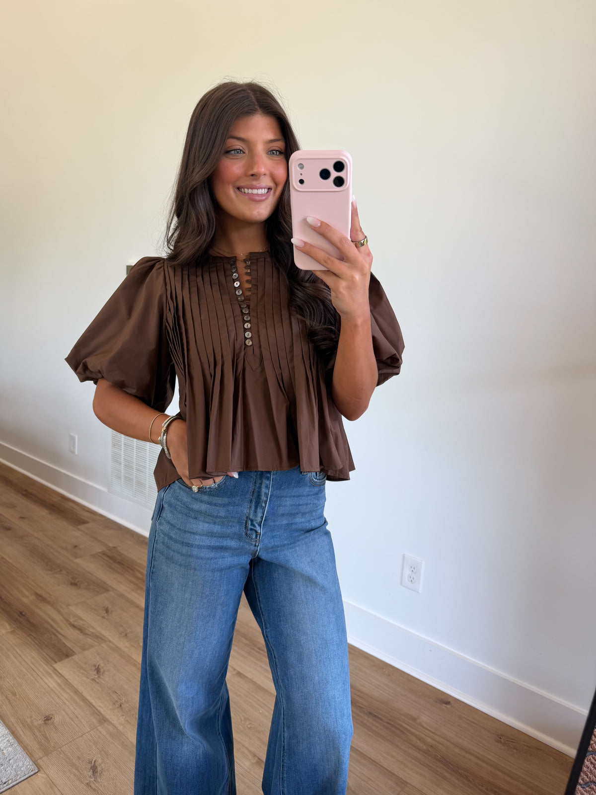 Brown Pleated Puff Sleeve Blouse (PRE-ORDER (1st week of October)/ Restock)
