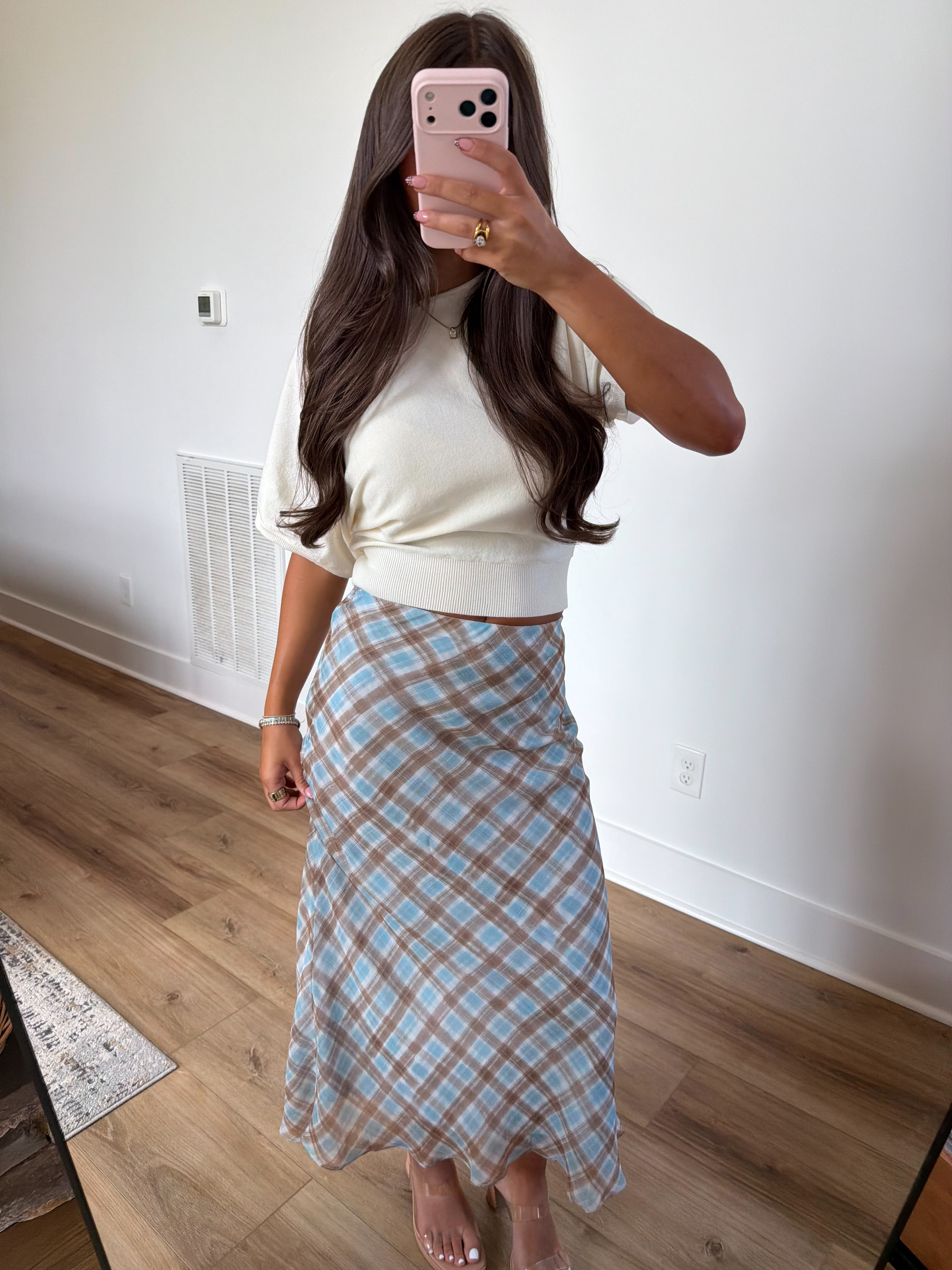 Blue Seams Plaid Midi Skirt
