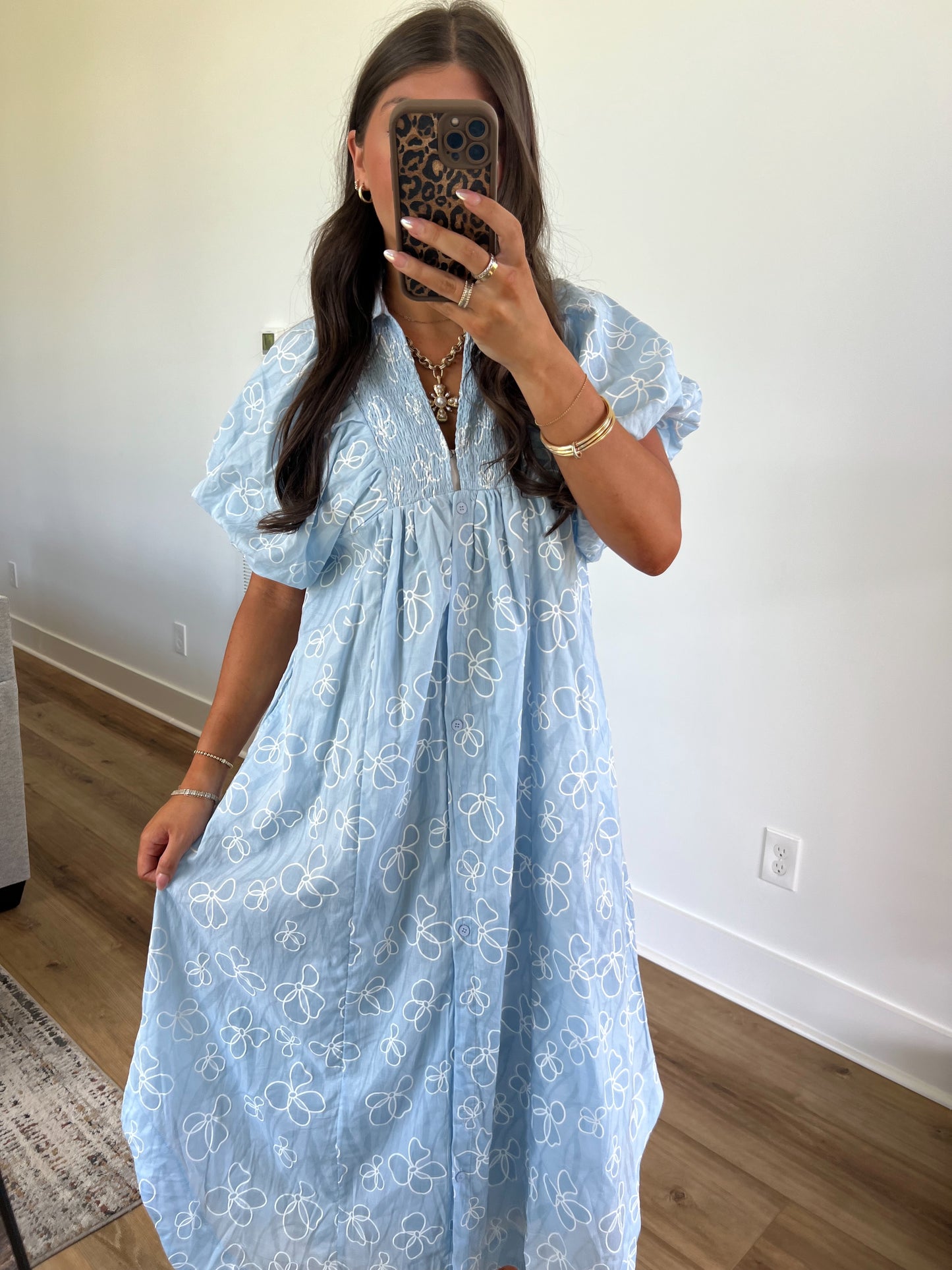 Blue Floral Puff Sleeve Midi Dress