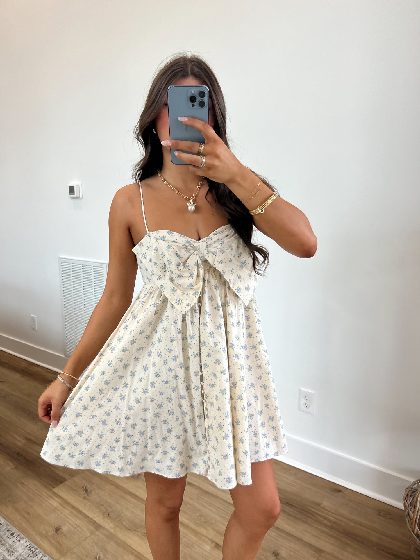 Blue Petals Darling Bow Mini Dress
