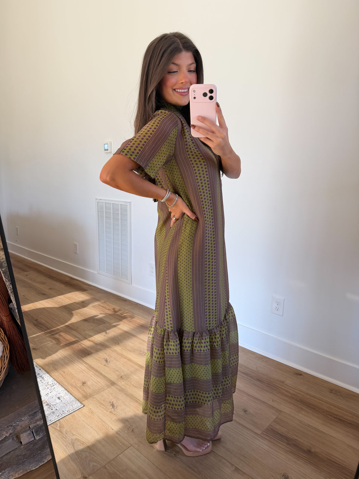Olive & Brown Printed Mock Neck Maxi Dress