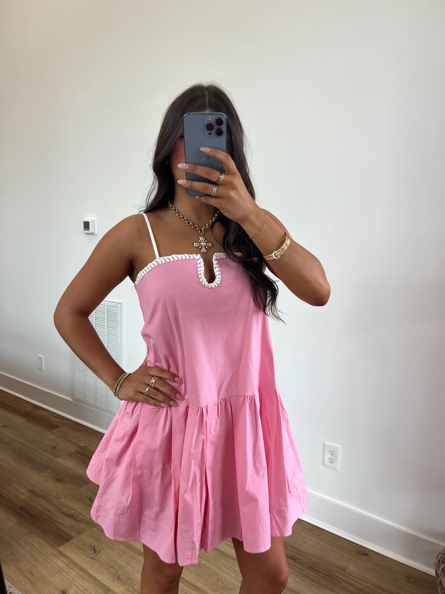 Pink Contrast Stitch Mini Dress