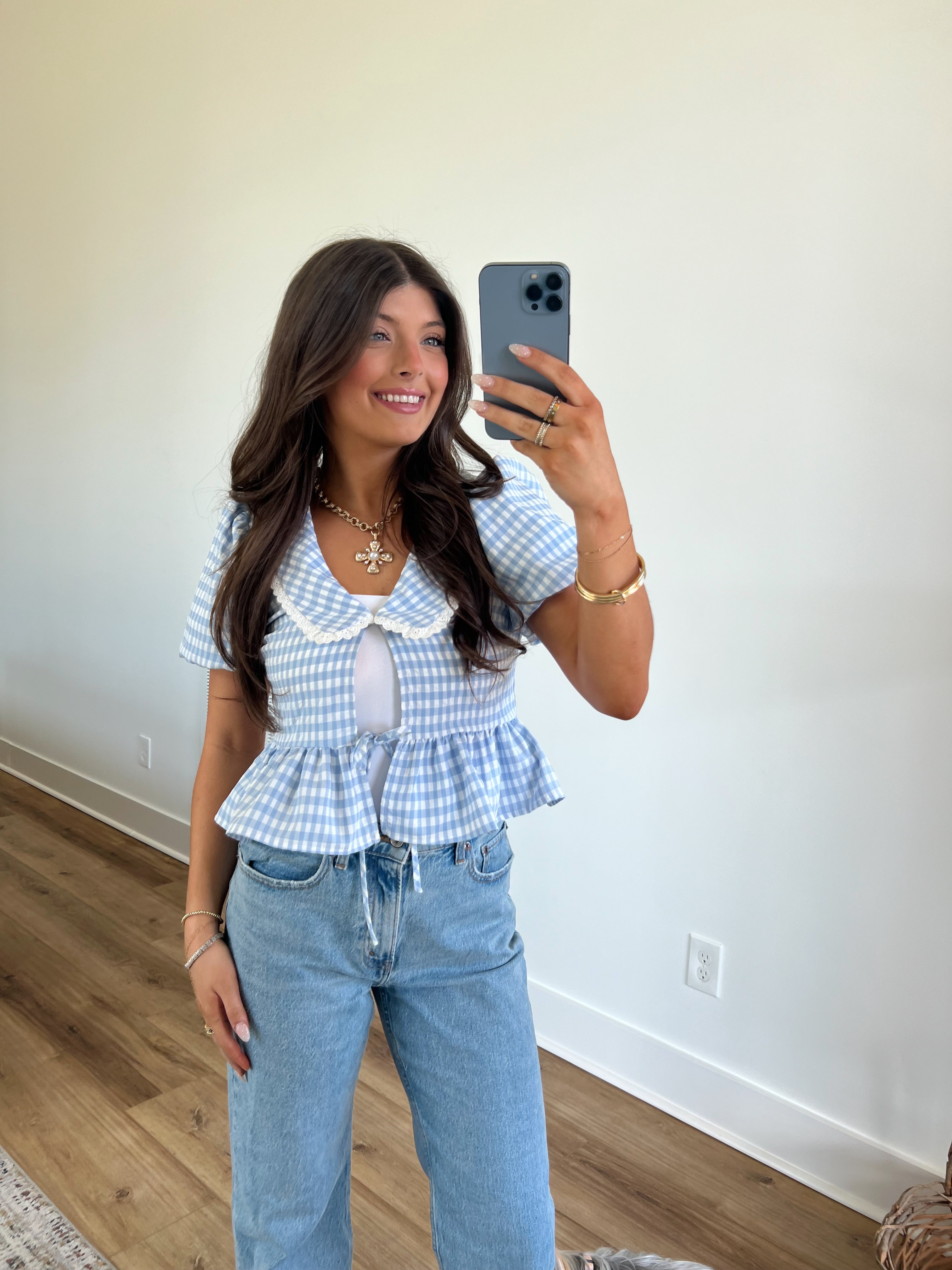 Baby Blue Plaid Peplum Top