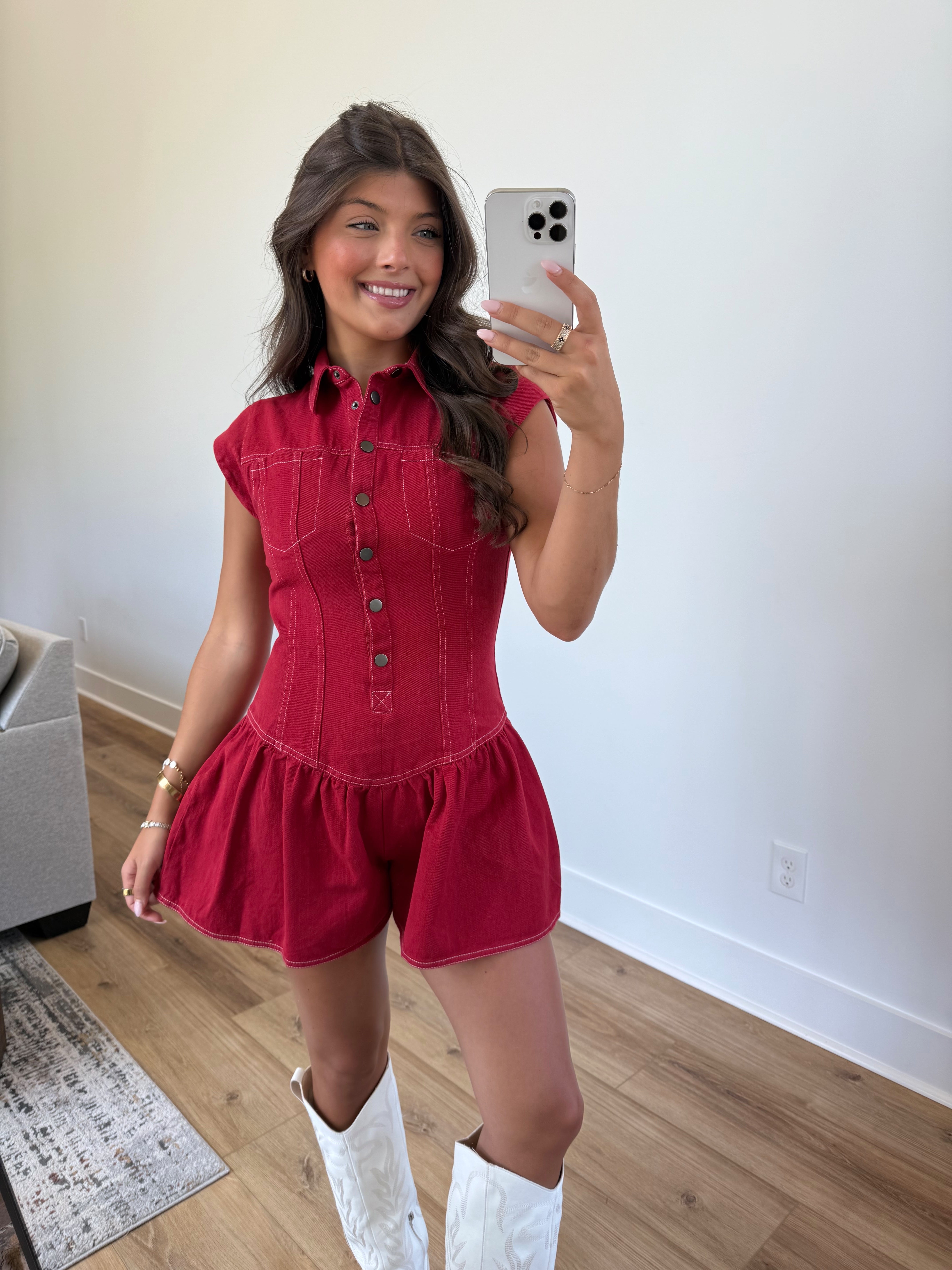 Red Denim Flare Romper