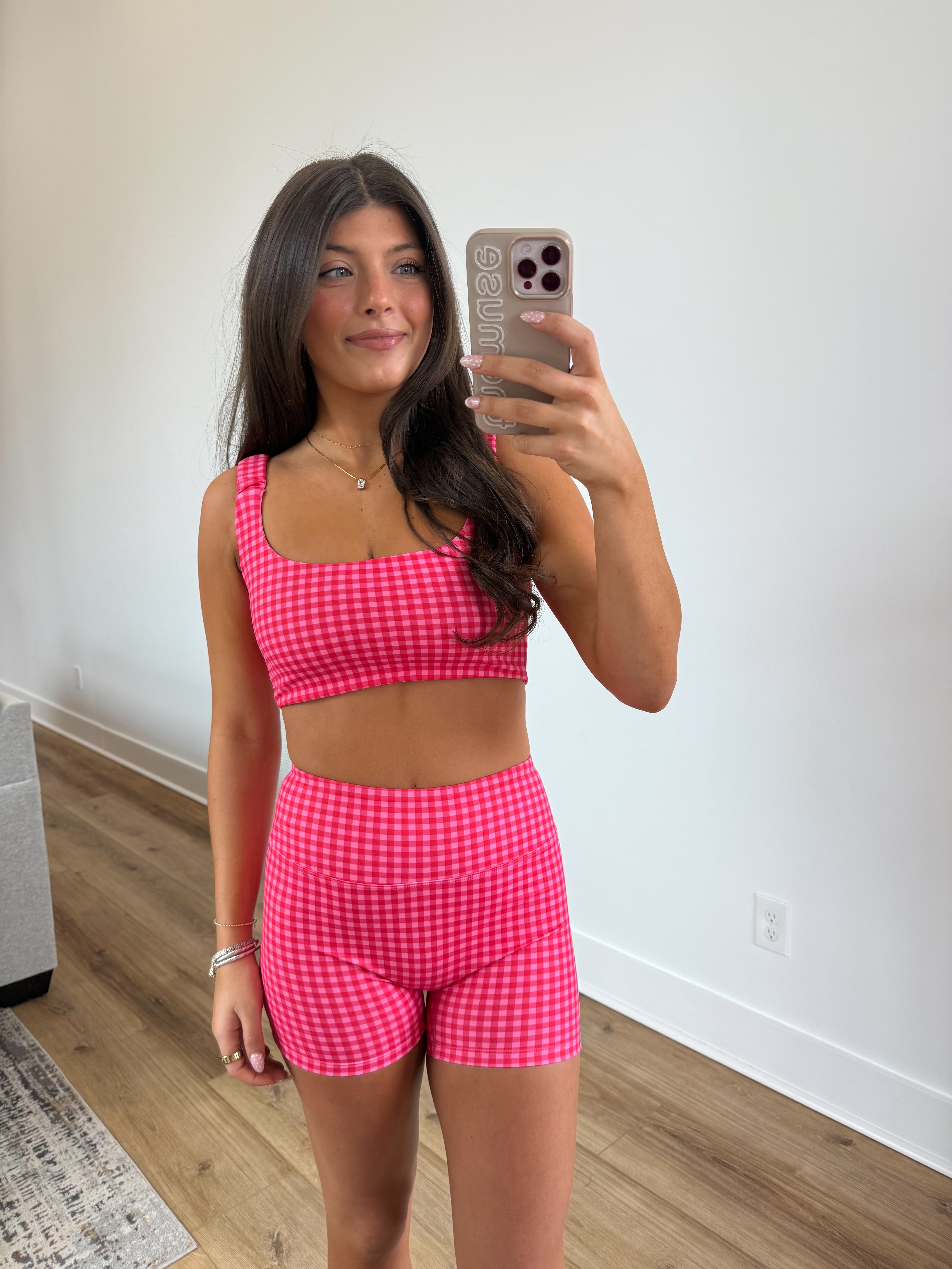 Gingham Biker Biker Shorts SET (Hot Pink)