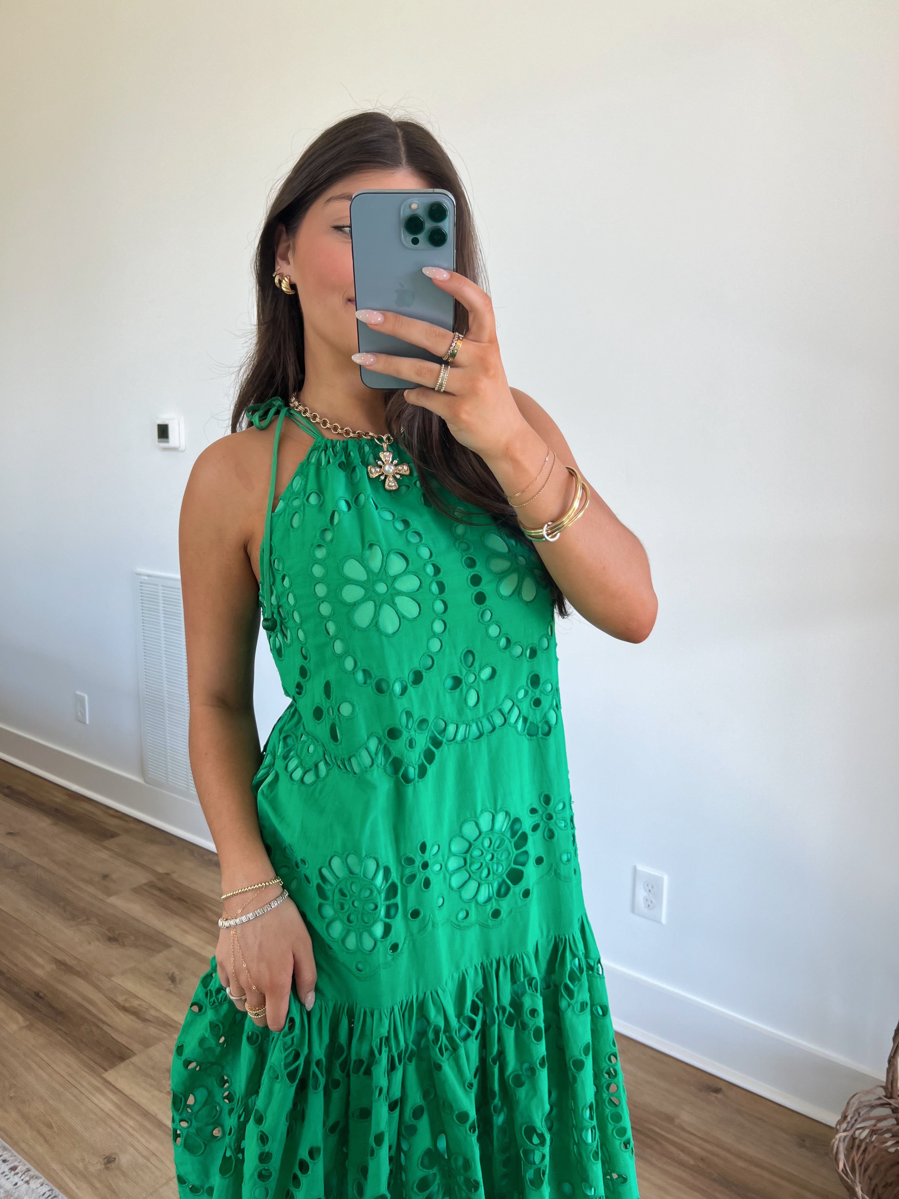 Kelly Green Elegant Eyelet Maxi Dress