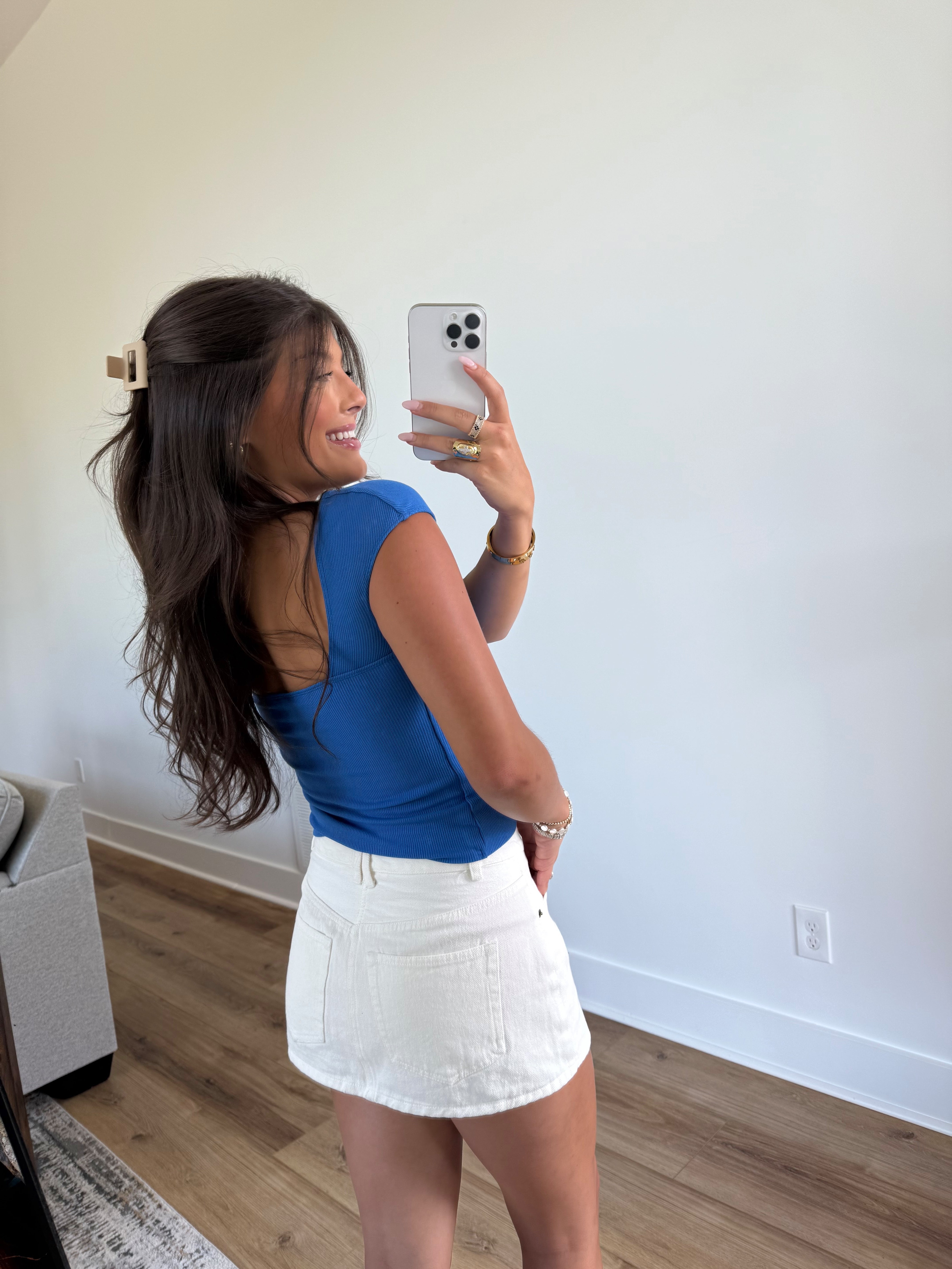 Blue Ribbed Open Back Top