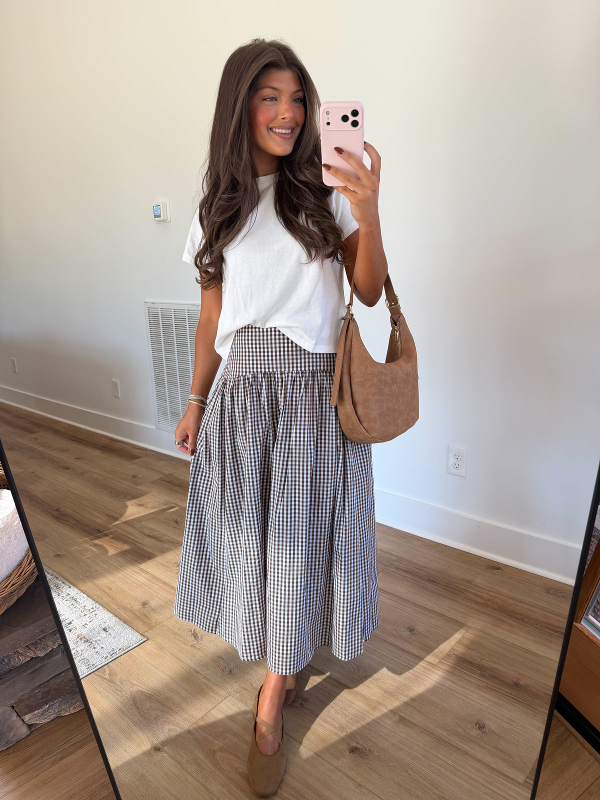 Brown Gingham Midi Skirt