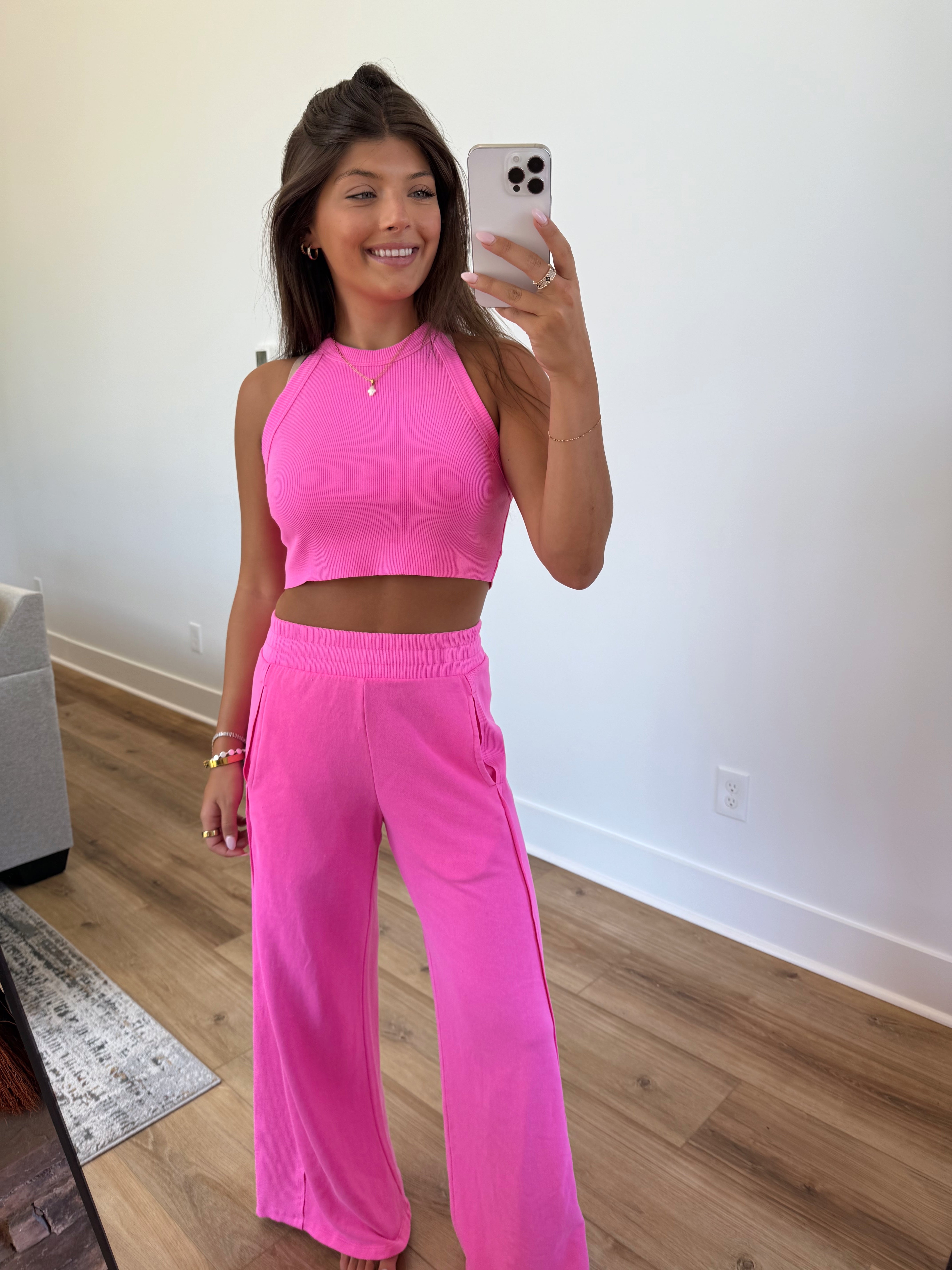 Ribbed Tank Wide Leg Pant Set (Hot Pink)