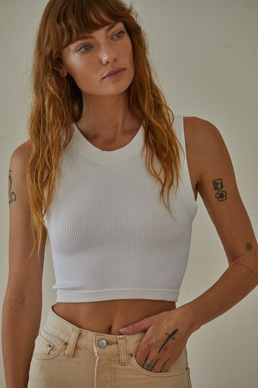 White Ribbed Sleeveless Tank