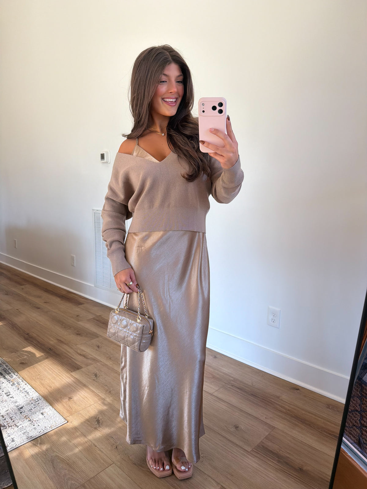 Taupe Satin Slip Dress & Knit Sweater Set
