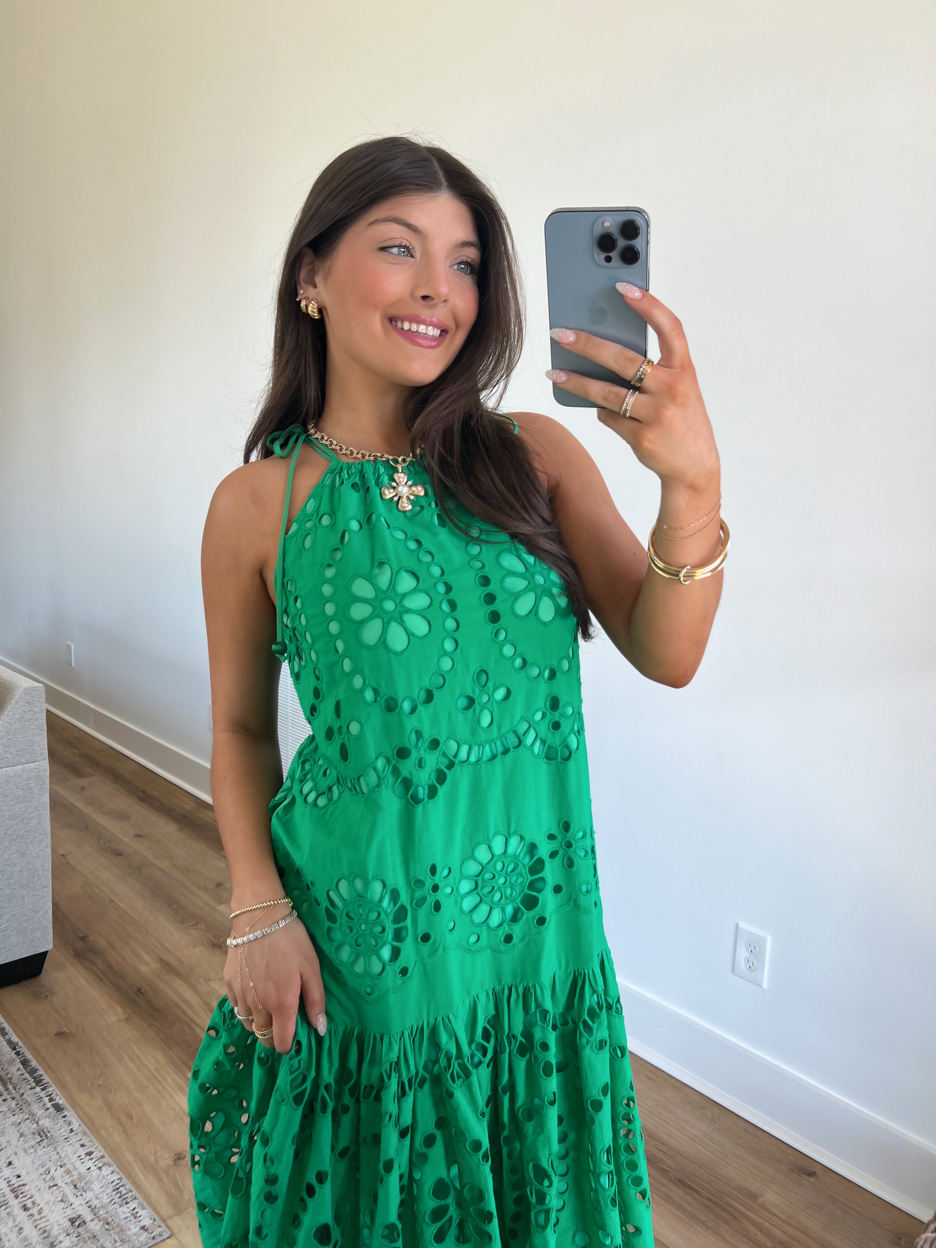 Kelly Green Elegant Eyelet Maxi Dress