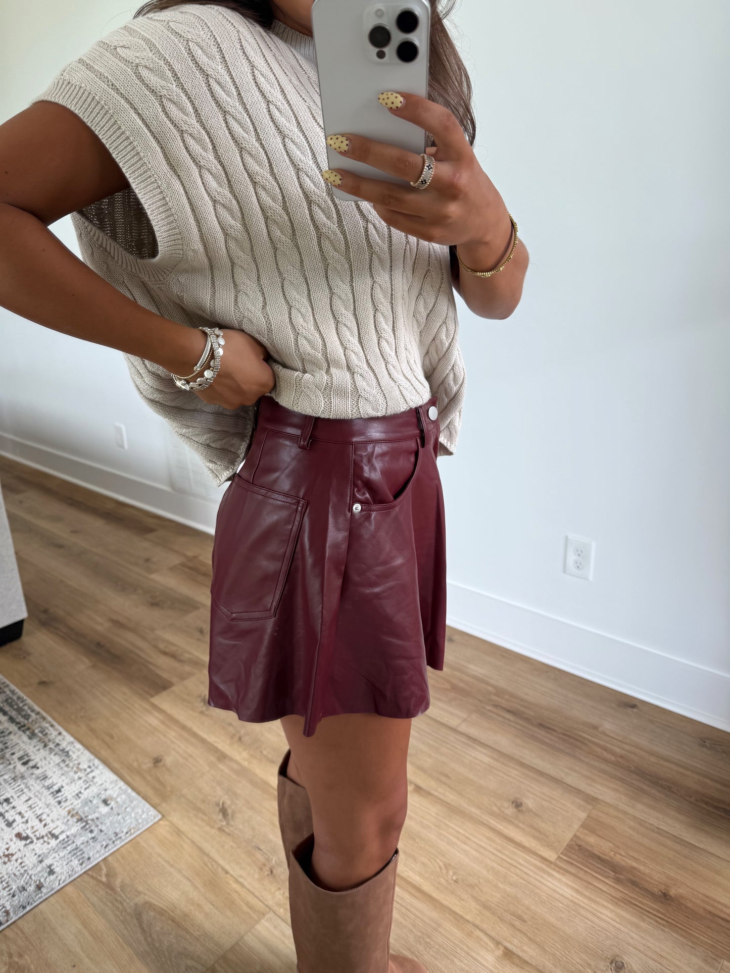 Burgundy Leather Flare Shorts