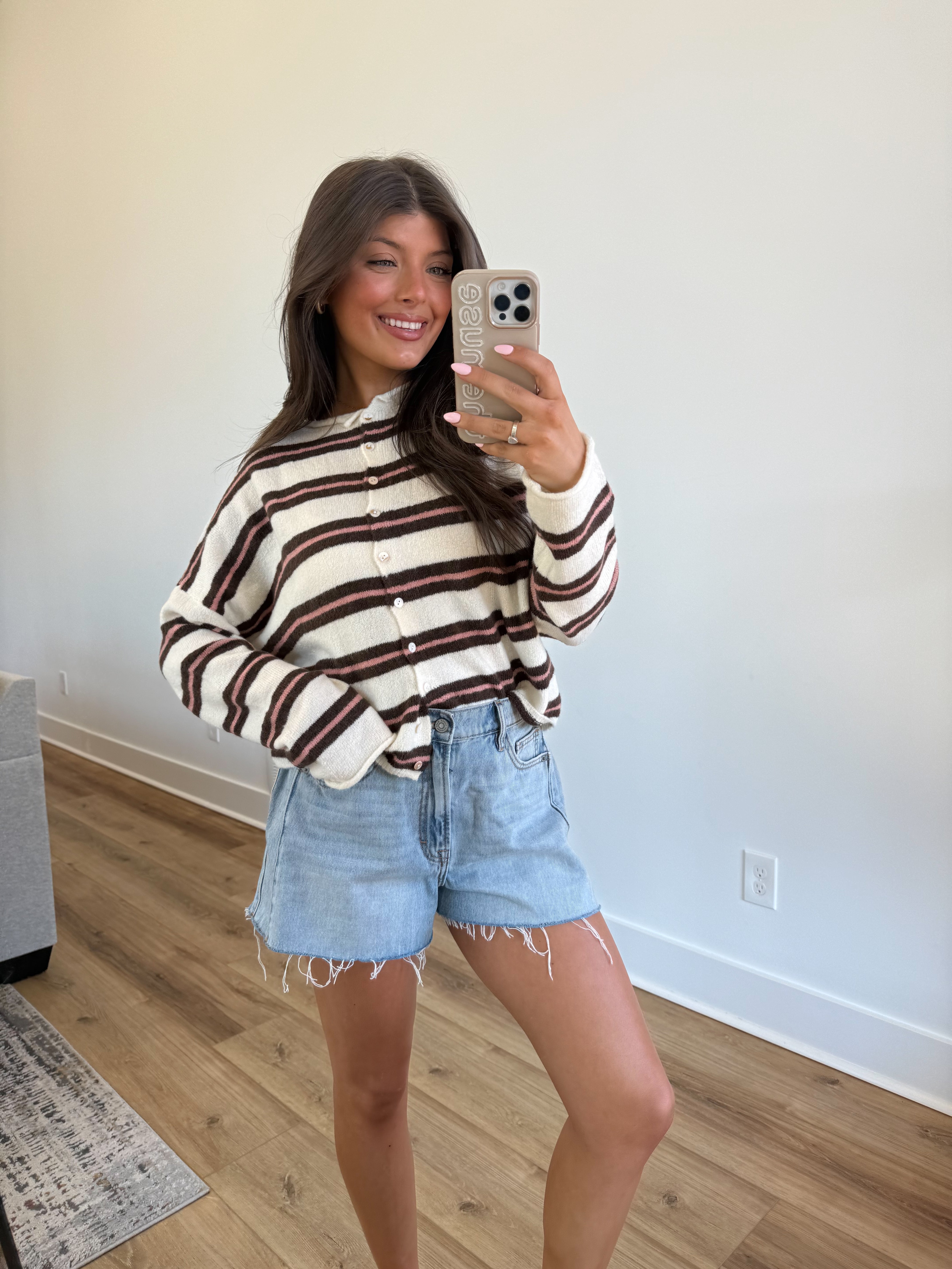 The Stripe Cardigan (Cream/Brown/Pink)