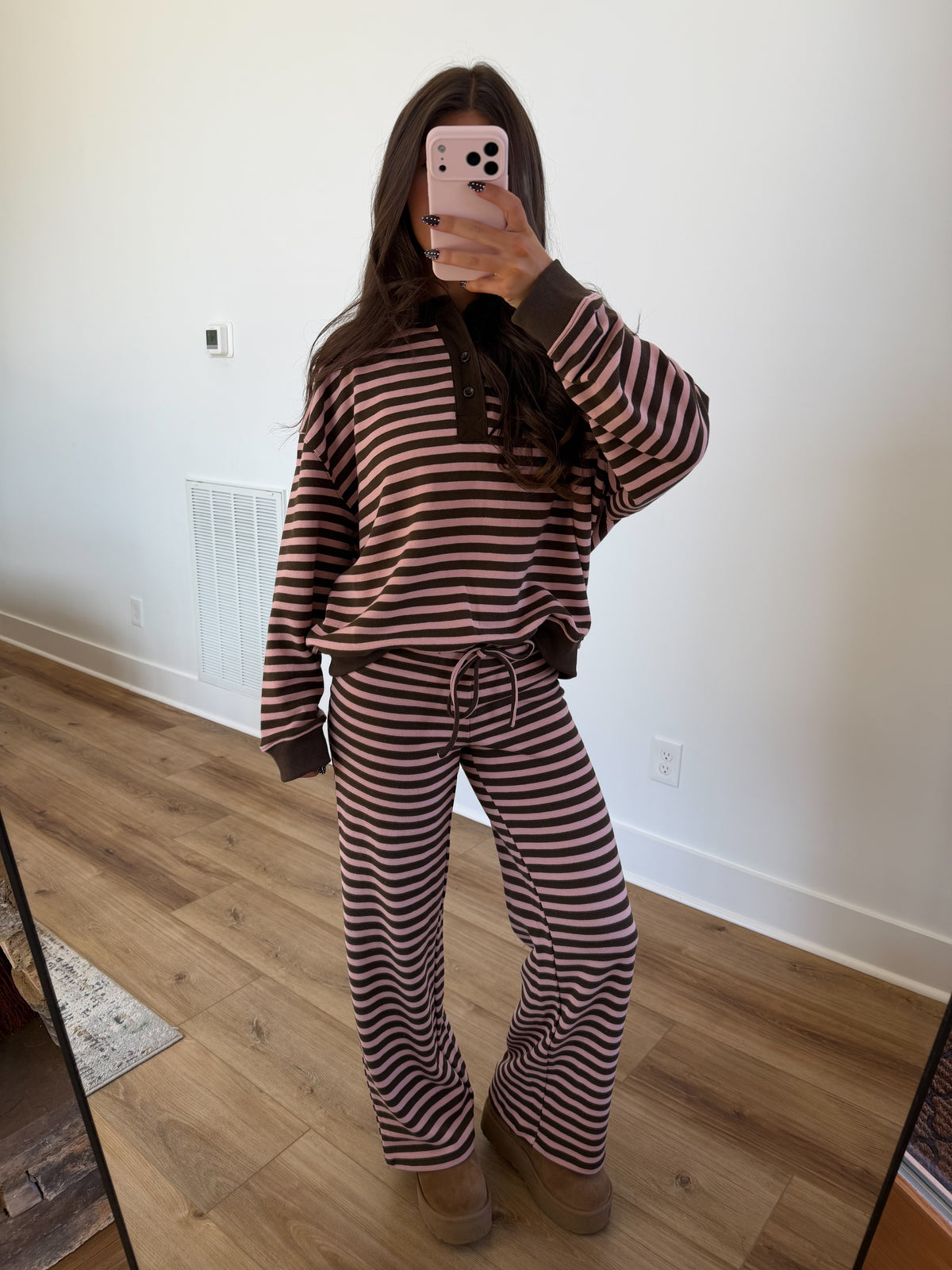 Stripe Henley Set (Pink/Mocha)
