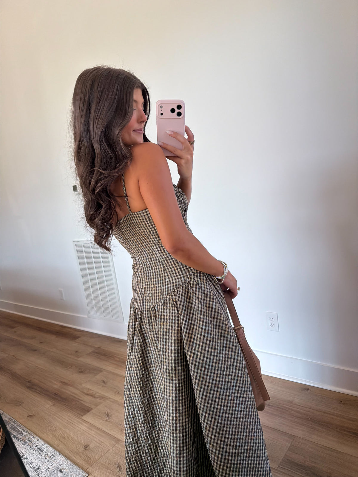 Brown Gingham Drop Waist Midi