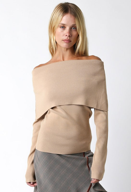Foldover Off-Shoulder Knit (Tan)