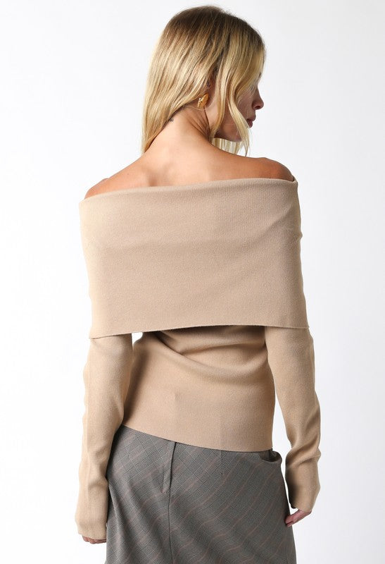 Foldover Off-Shoulder Knit (Tan)