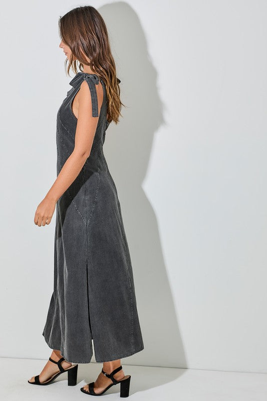Black Denim Tie Maxi Dress
