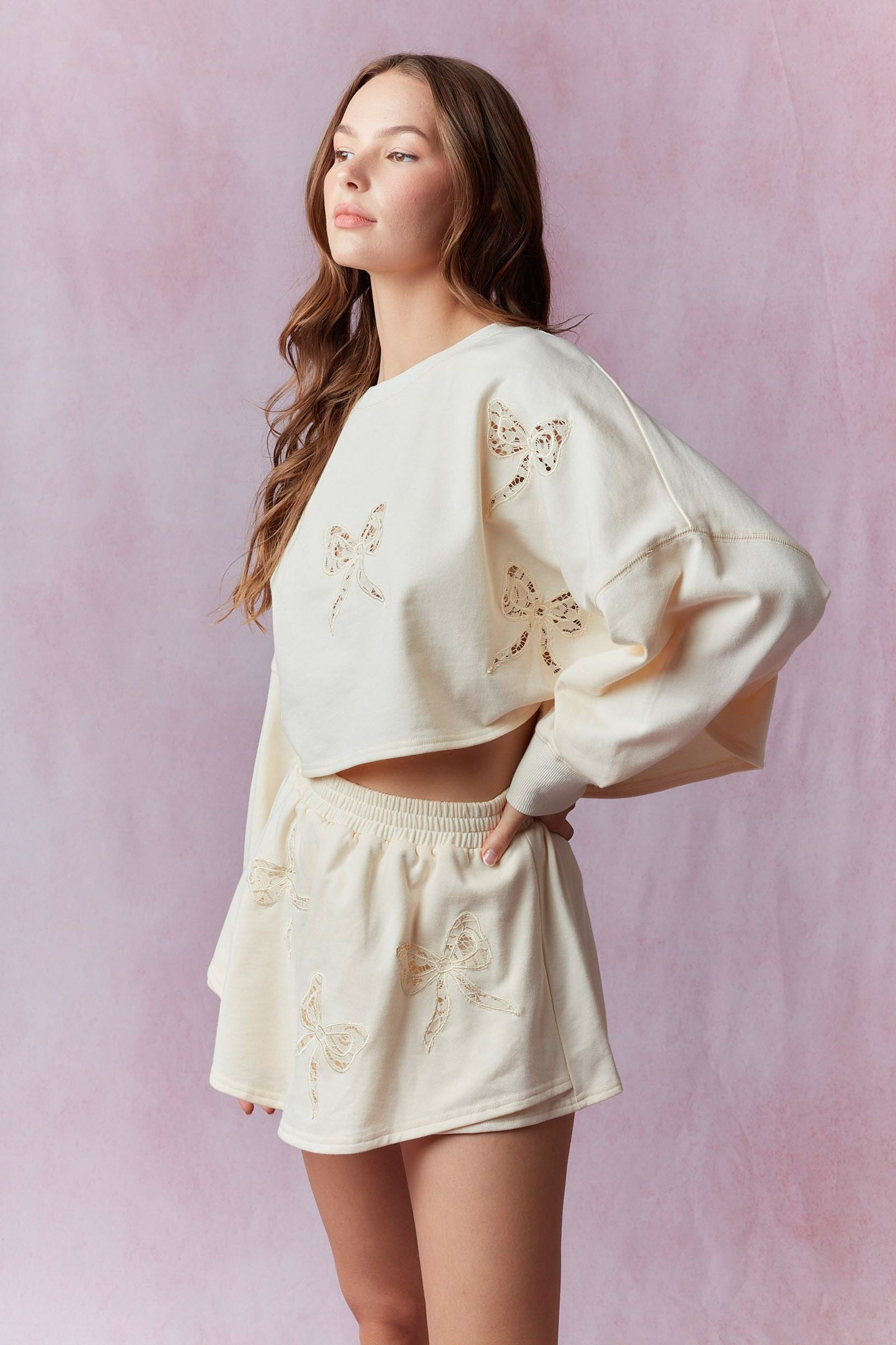 Cream Lace Bow Skort Set