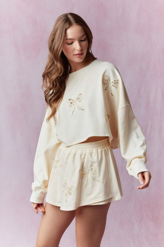 Cream Lace Bow Skort Set