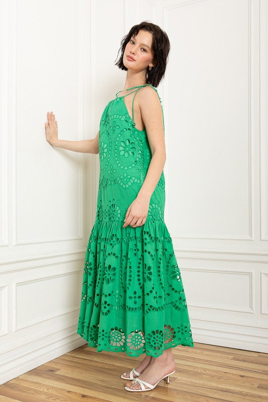 Kelly Green Elegant Eyelet Maxi Dress