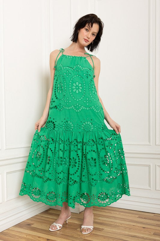 Kelly Green Elegant Eyelet Maxi Dress