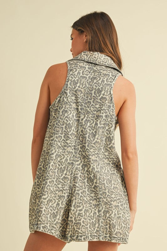 Leopard Collar Denim Romper