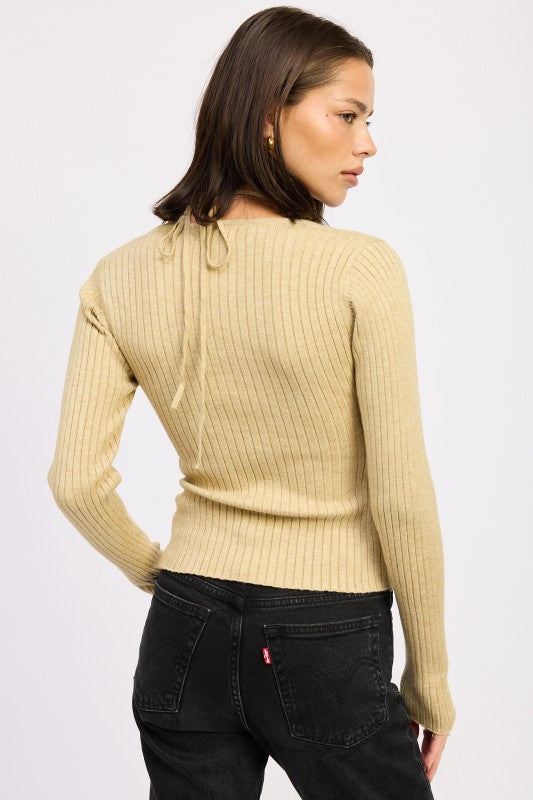 Golden Ribbed Tie-Back Knit Top