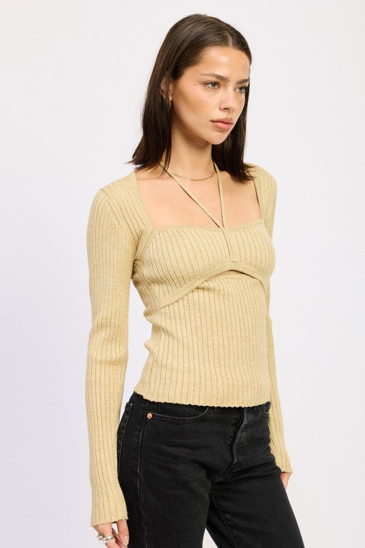 Golden Ribbed Tie-Back Knit Top