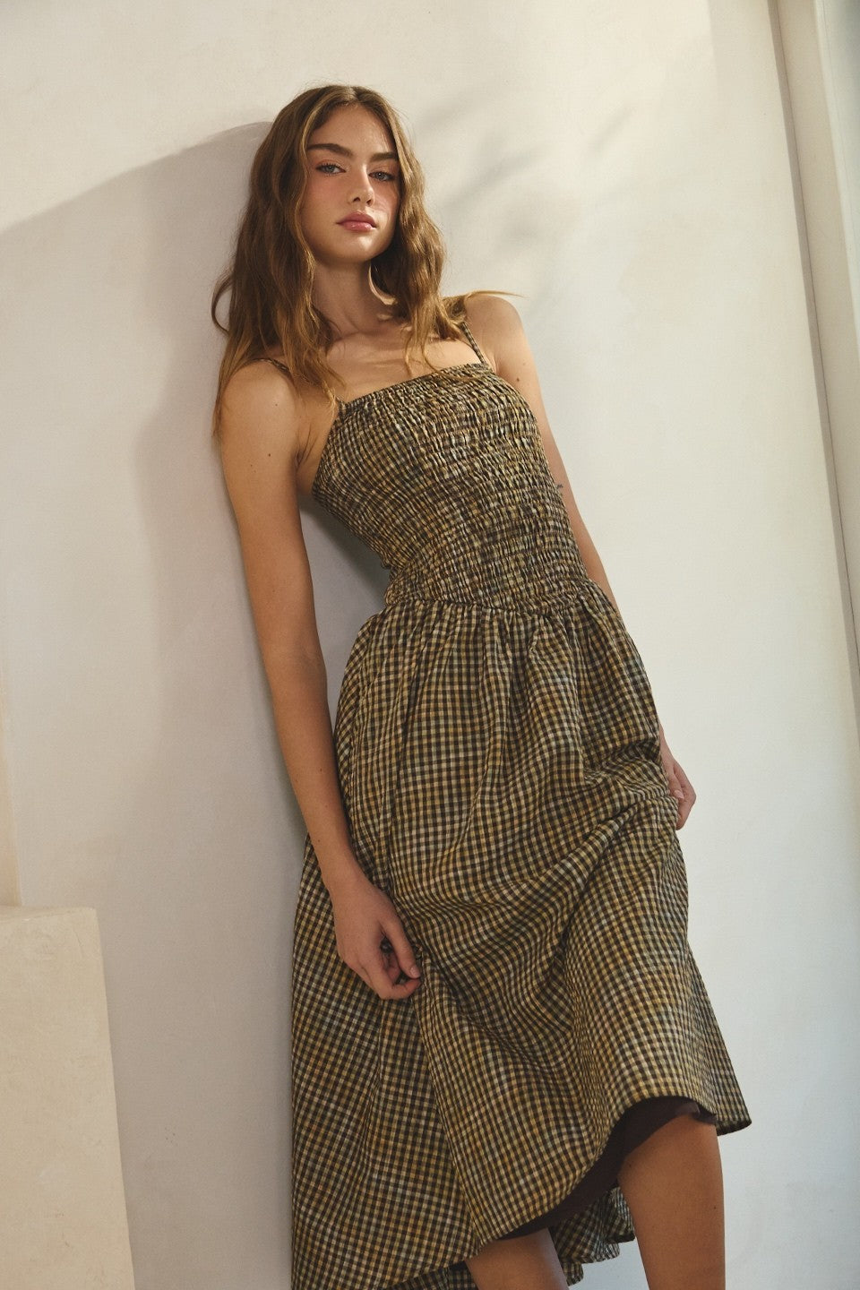 Brown Gingham Drop Waist Midi