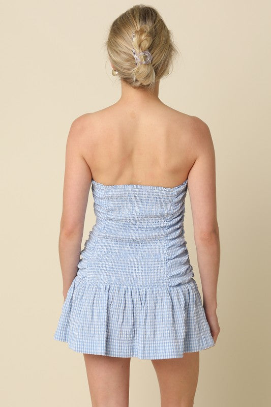 Blue Gingham Ruched Mini Dress (PETITE)