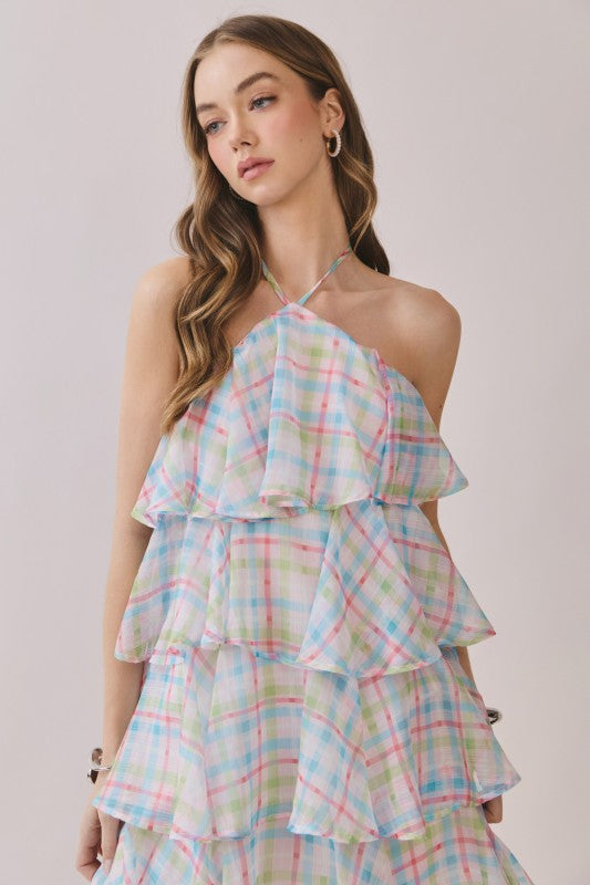 Pastel Plaid Ruffle Mini Dress
