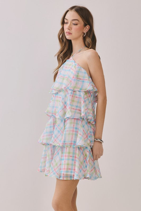 Pastel Plaid Ruffle Mini Dress