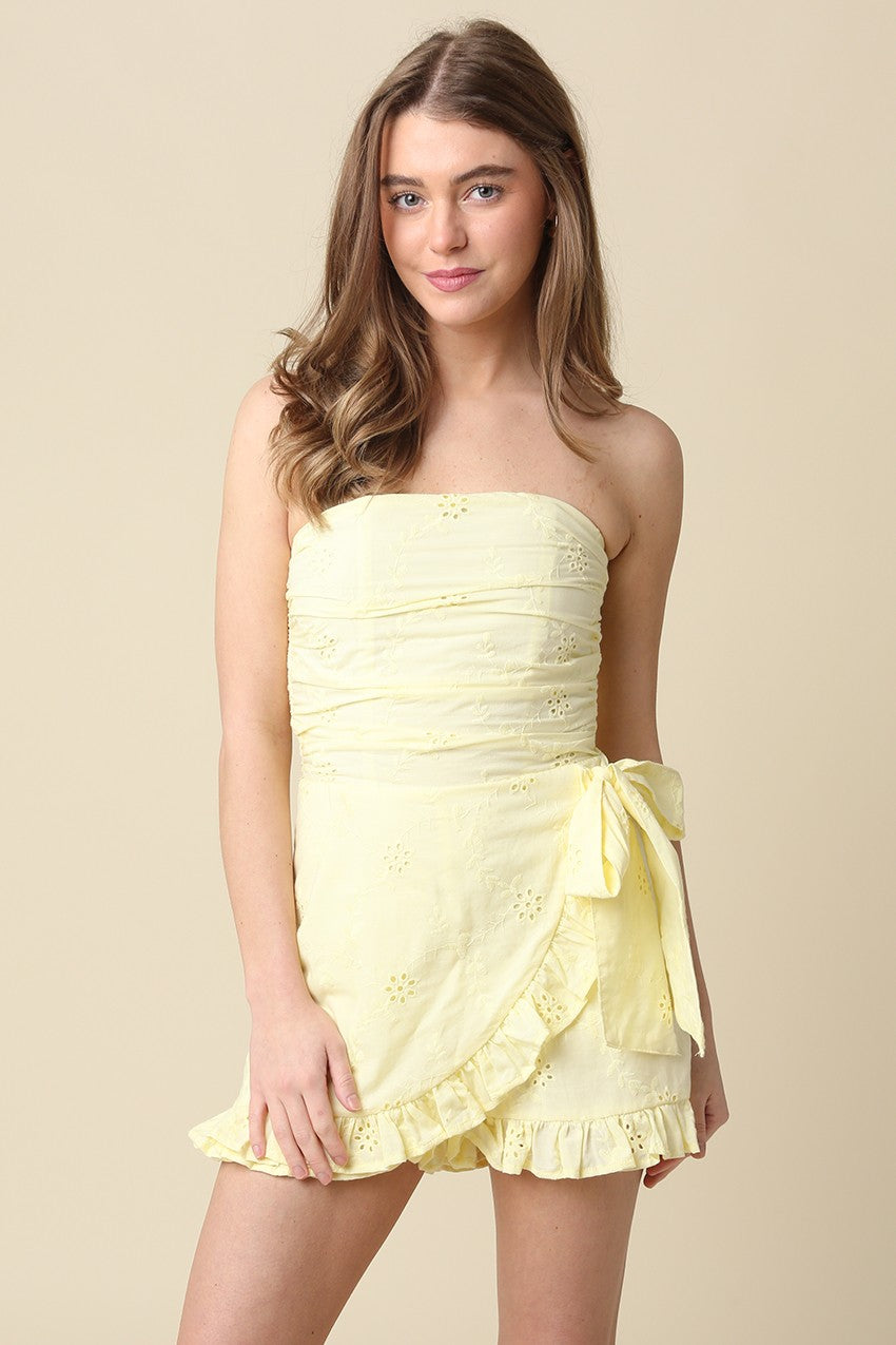 Yellow Eyelet Wrap Romper