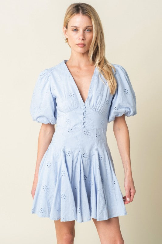 Kyndall Eyelet Mini Dress (Blue)