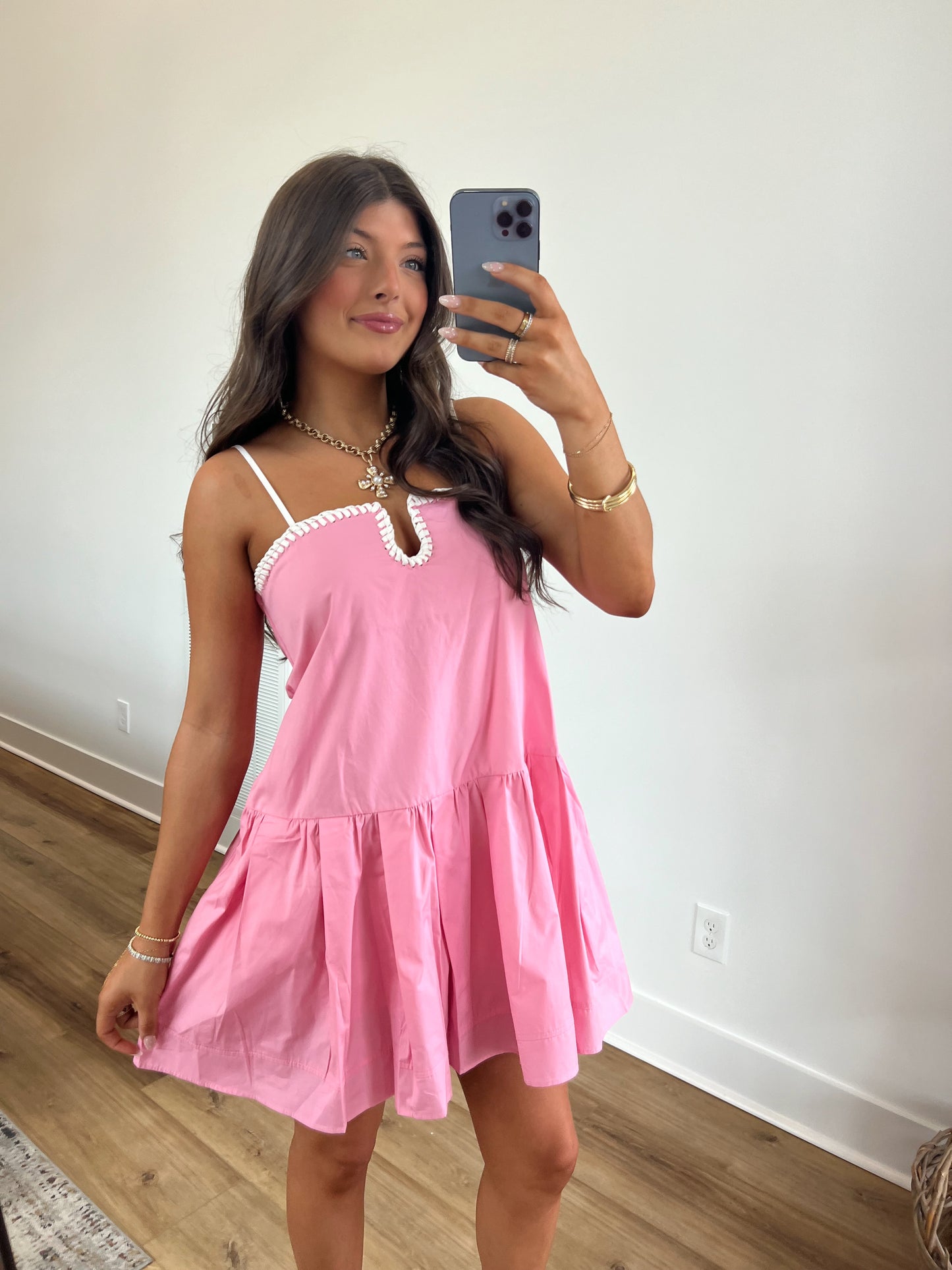 Pink Contrast Stitch Mini Dress
