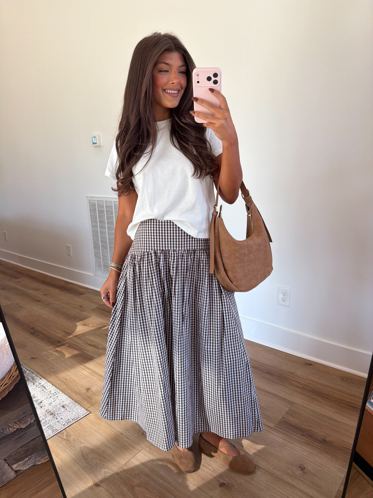 Brown Gingham Midi Skirt