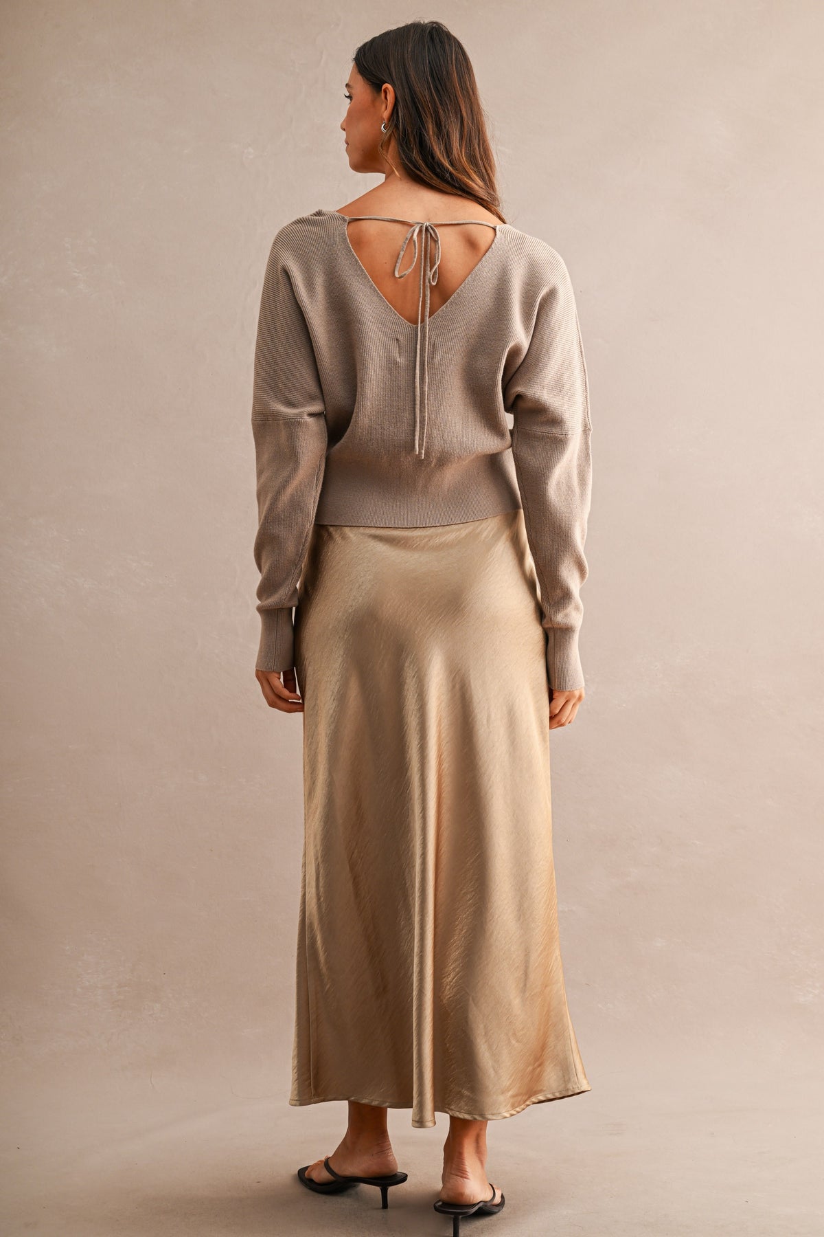 Taupe Satin Slip Dress & Knit Sweater Set