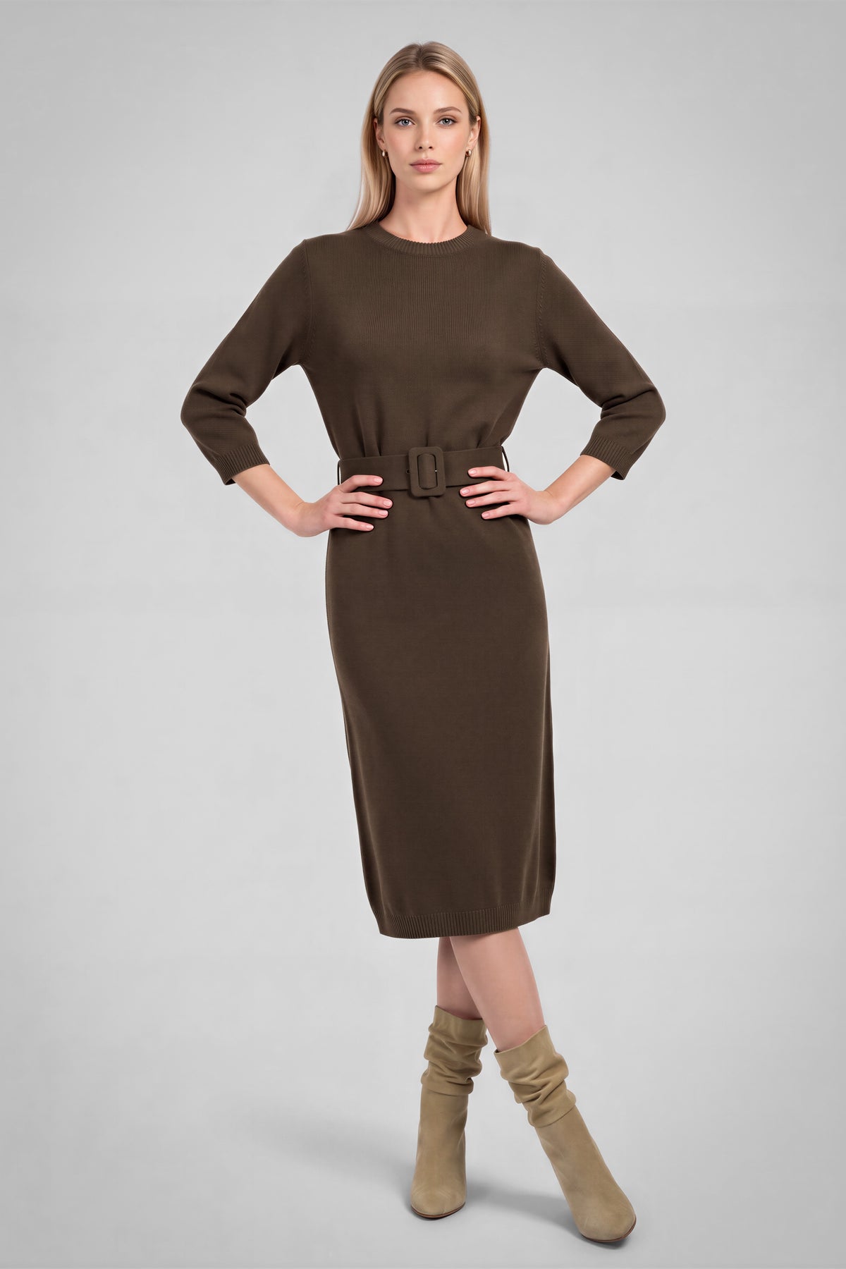 Timeless Belted Midi Dress (Brown)
