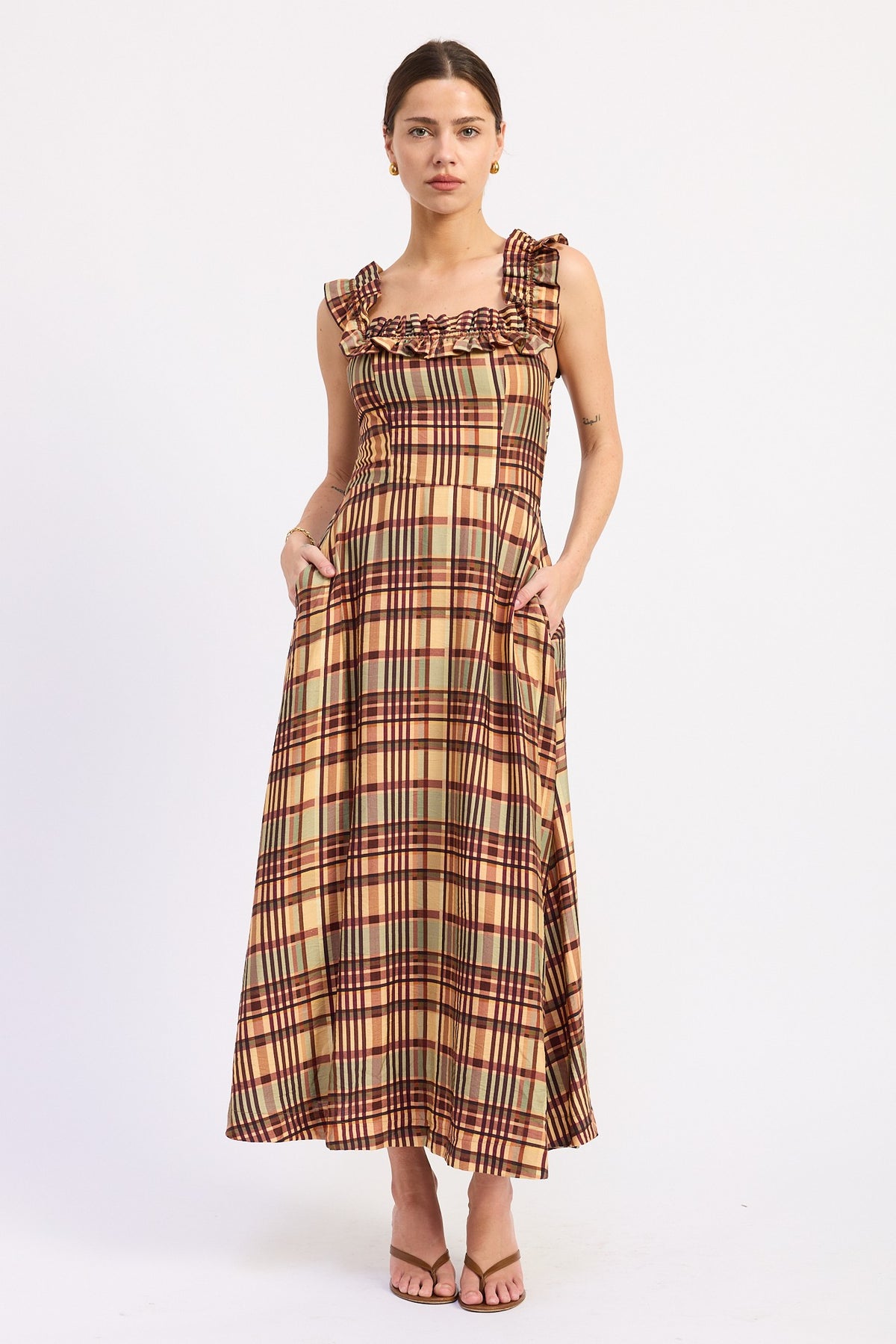 Fall Plaid Ruffle Strap Midi Dress