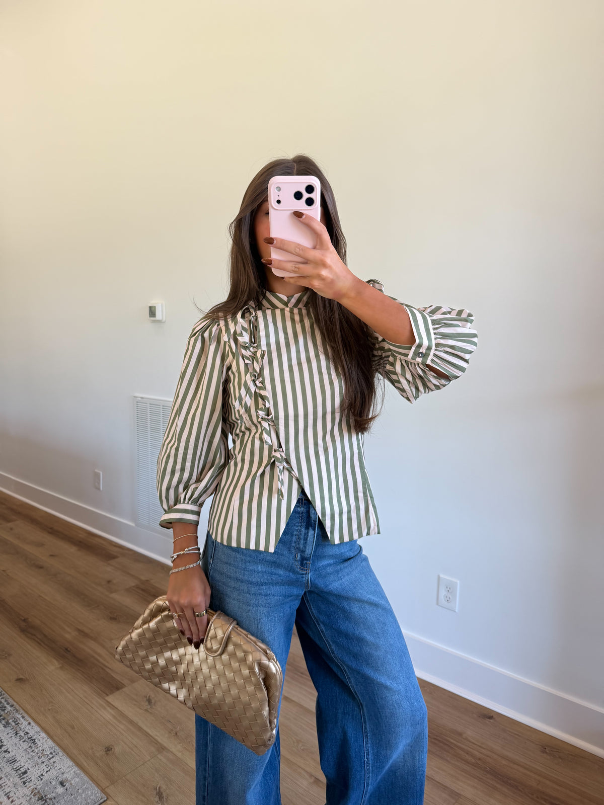 Striped Bow Front Blouse (Olive/Ecru)