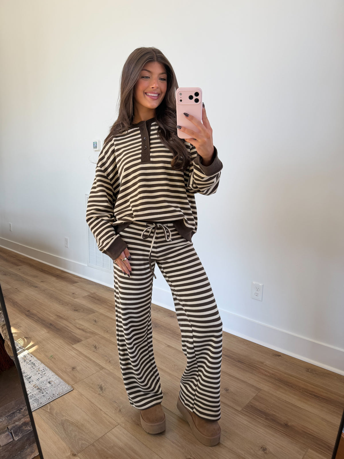 Stripe Henley Set (Mocha/Cream)