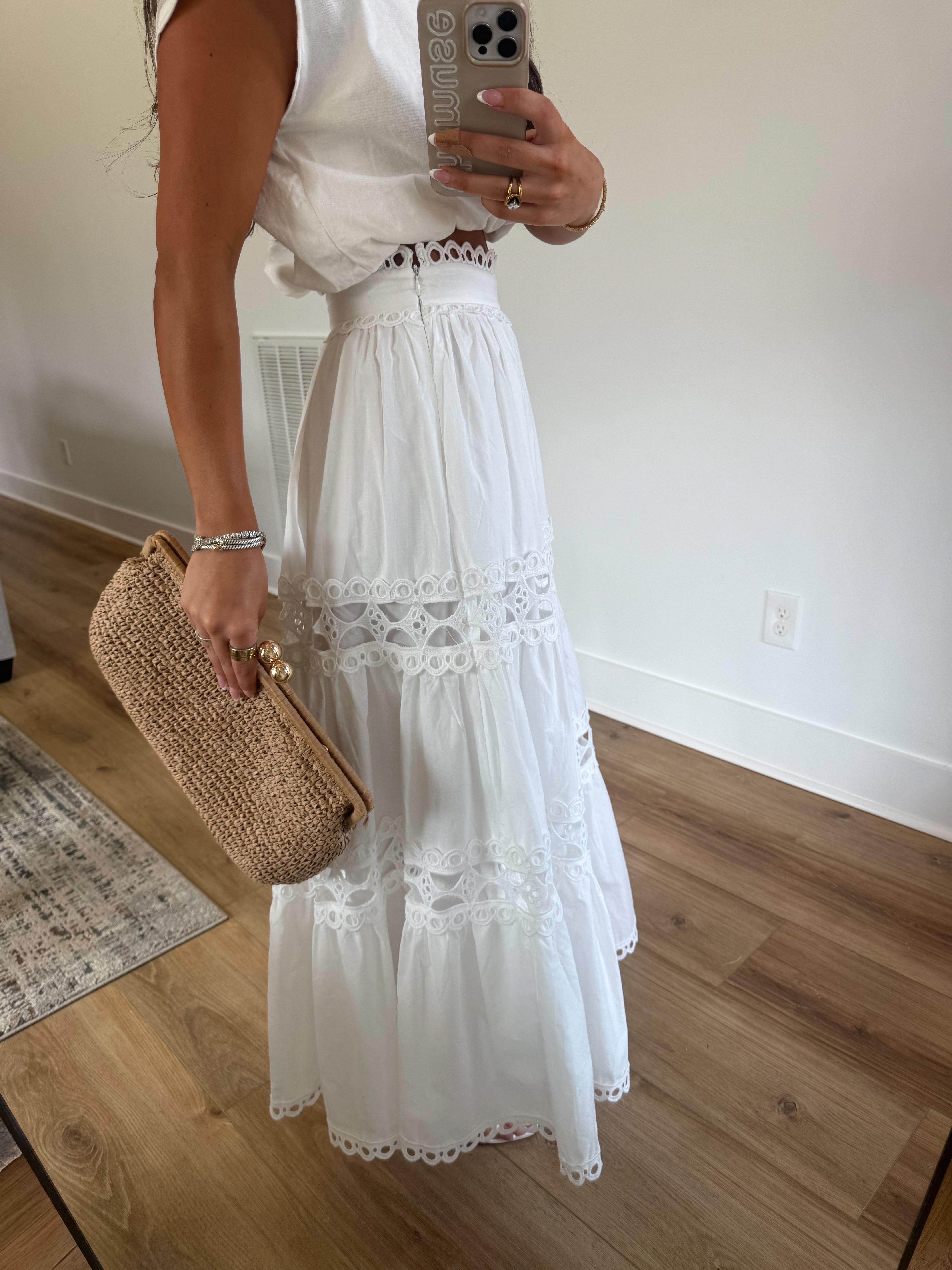 Classic Eyelet Midi Skirt (White)